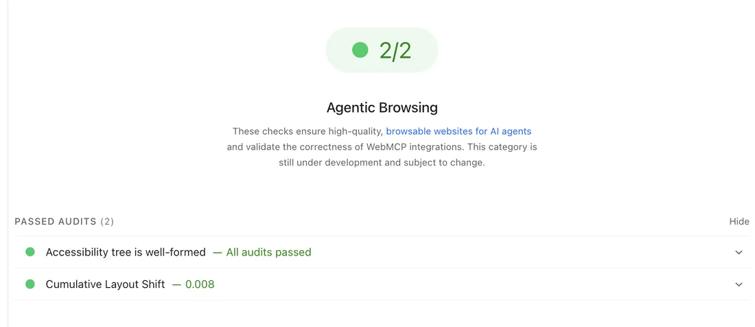 Agentic Browsing panel scoring 2 of 2, with passed audits for a well-formed accessibility tree and Cumulative Layout Shift of 0.008
