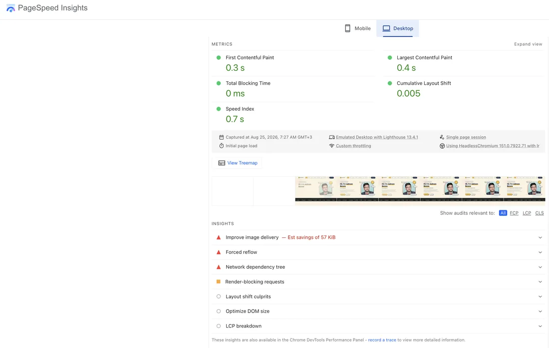 Desktop metrics panel showing First Contentful Paint 0.3 seconds, Largest Contentful Paint 0.4 seconds, Total Blocking Time 0 milliseconds, Cumulative Layout Shift 0.005 and Speed Index 0.7 seconds