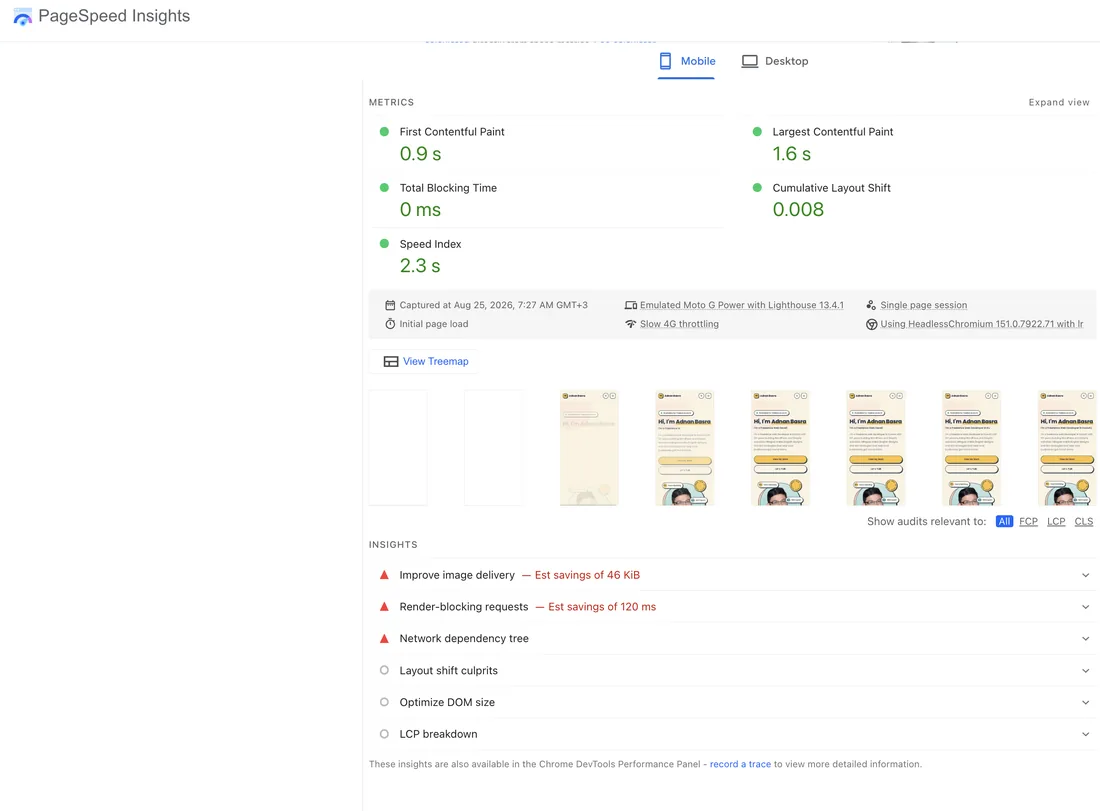 Mobile metrics panel showing First Contentful Paint 0.9 seconds, Largest Contentful Paint 1.6 seconds, Total Blocking Time 0 milliseconds, Cumulative Layout Shift 0.008 and Speed Index 2.3 seconds, with remaining insights listed below