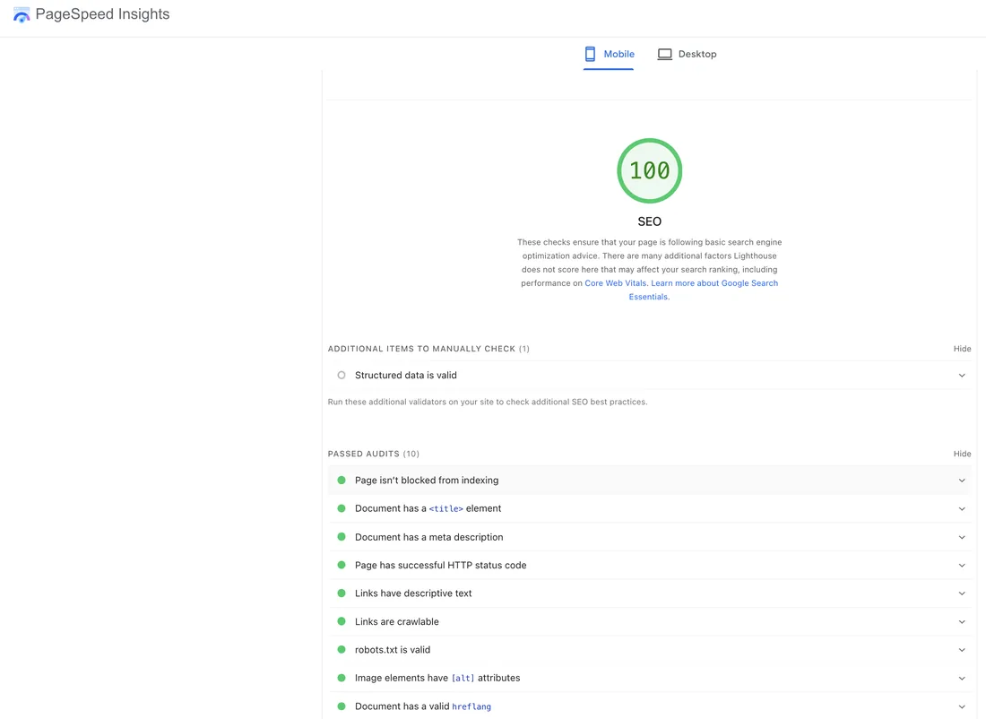 Lighthouse SEO panel scoring 100, listing ten passed audits including title element, meta description, crawlable links and valid robots.txt, alongside a note that many additional ranking factors are not scored here